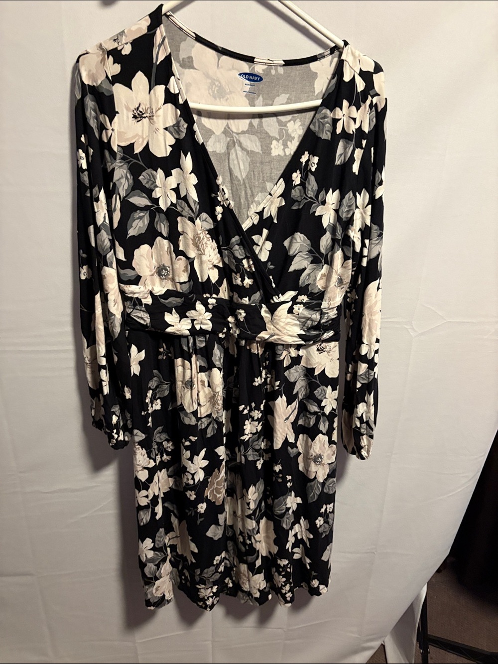 Old Navy Black Floral Wrap-Style Long Sleeve Dress